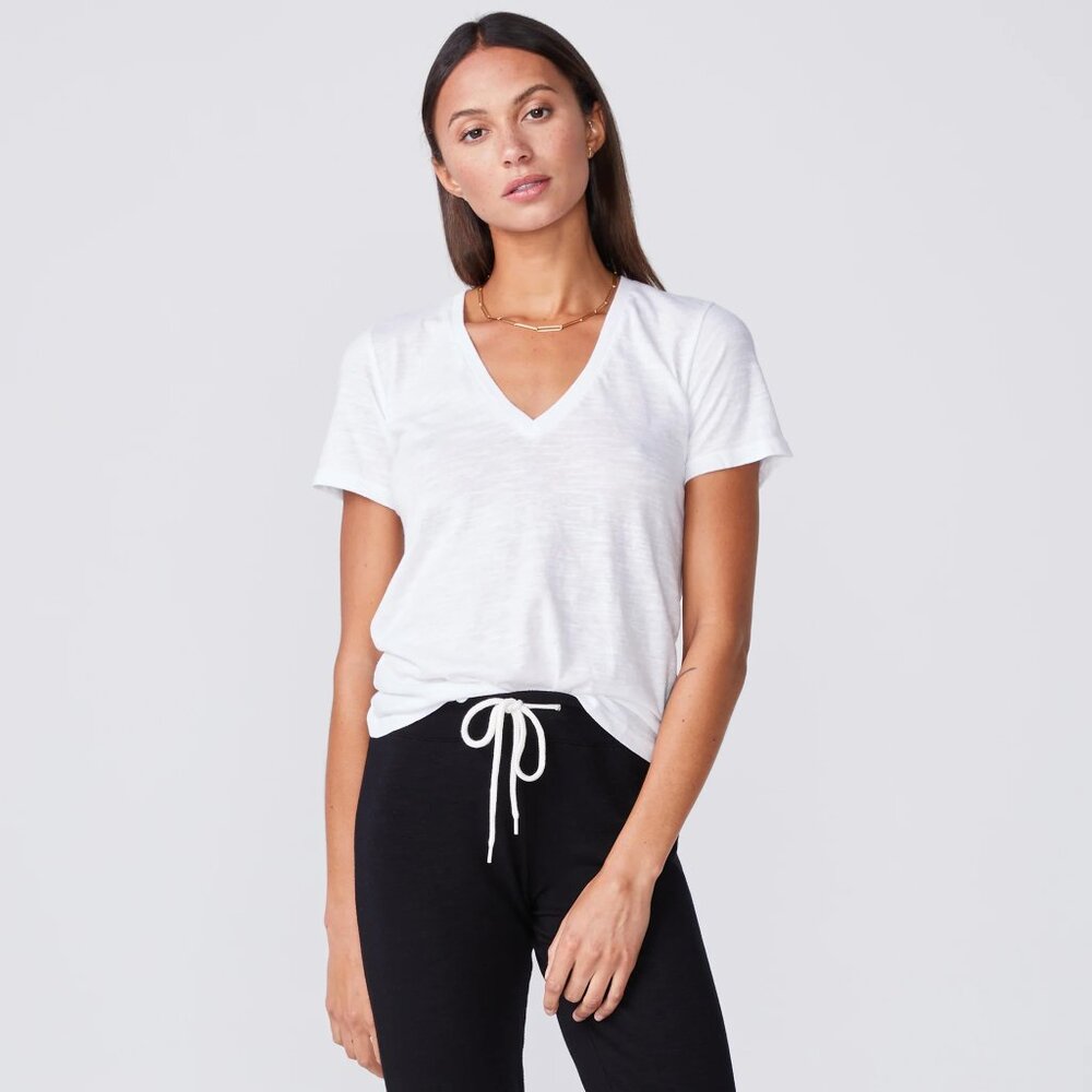 MONROW Textured Tri-Blend Relaxed V Neck Tee sz S Small white